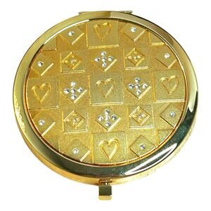 Neiman Marcus Gold Tone Hearts Rhinestone Accent Compact Mirror in Box